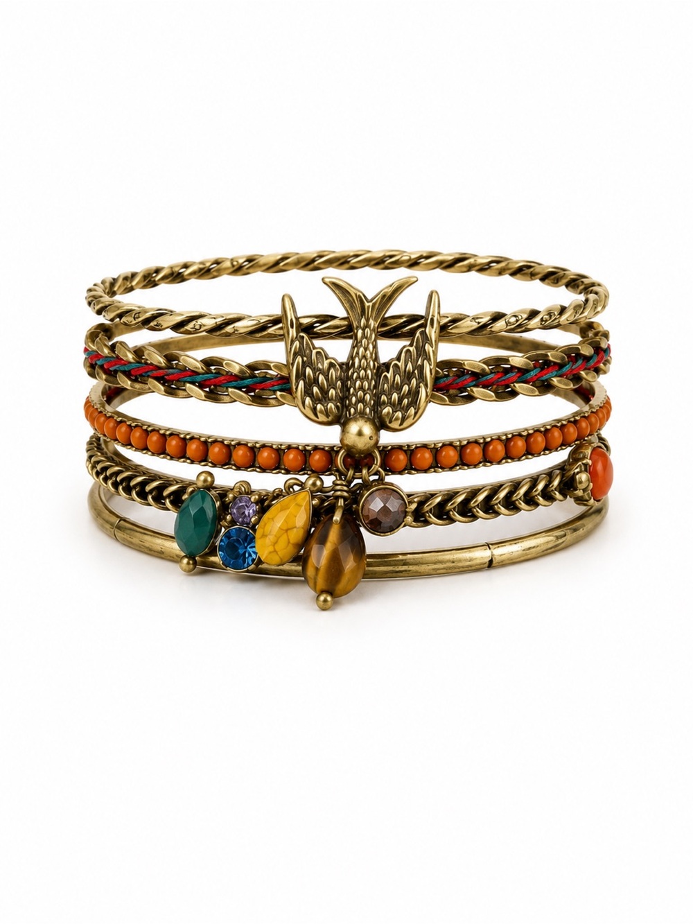 Gold-Tone Multicolor Charm Stack Bracelet with Bird Accent NWOT